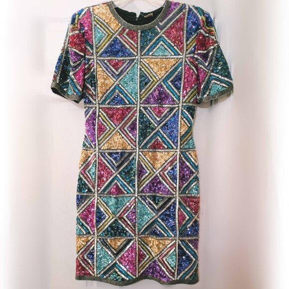 vintage 80s geometric sequin shift dress M - Picture 1 of 5